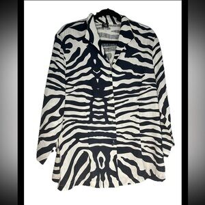 CONNIE ROBERSON Navy White Zebra Linen Knotted Buttons Tunic Blazer Sz XL